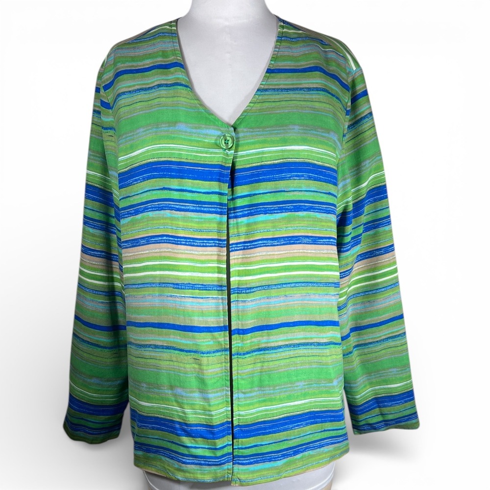 Coldwater Creek Womens Lg‎ Striped Button Cardigan/Blazer Green Blue Long Sleeve